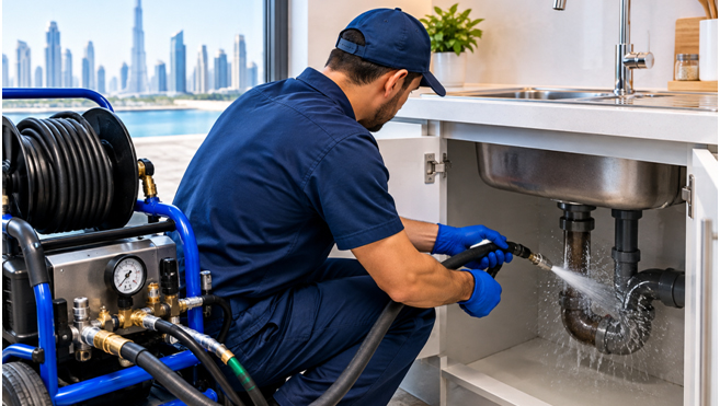 Kitchen pipeline unblock service Dubai using hydro jetting to clean a kitchen drain