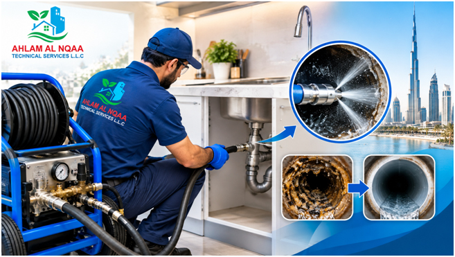 Kitchen Pipeline Unblock Service Dubai: A Practical Guide to Hydro Jetting Kitchen Drains 3 A professional technician from Ahlam Al Nqaa Technical Services L.L.C. uses high-pressure hydro jetting equipment to unblock a kitchen drain in Dubai, with before-and-after pipe cleaning results and the Dubai skyline shown in the background.