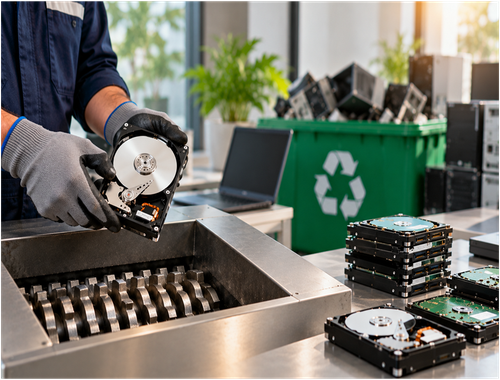 Secure Data Destruction Guide UAE 1 Technician handling a hard drive for secure data destruction and electronic waste recycling.