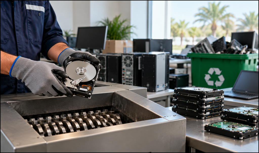 Technician handling a hard drive for secure data destruction and electronic waste recycling.